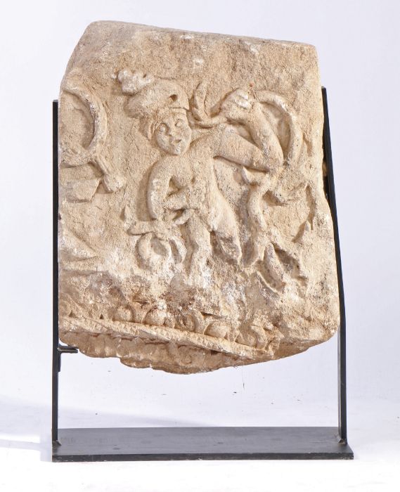 A 11/12th century Romanesque limestone 'spandrel' section, probably French, circa 1050 - 1150 - Image 2 of 2