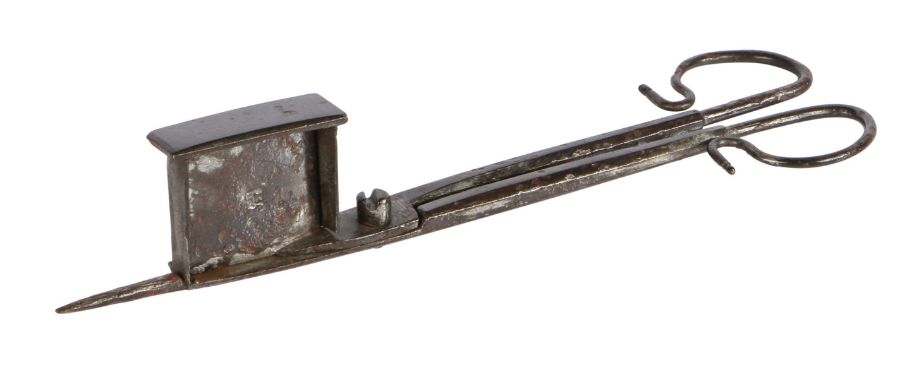 A rare 17th century iron candle-snuffer, with maker's mark, English, circa 1680 Of scissor form, one