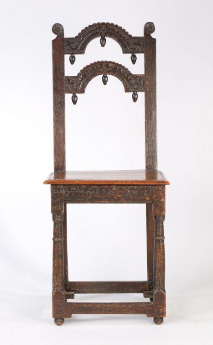 An unusual Charles II oak backstool, circa 1665 The back of two arch-shaped narrow splats, carved - Image 4 of 4