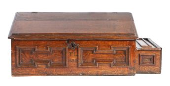 A James II/Mary II boarded oak desk box, with external till, dated 1688 Having a sloping and ovolo-