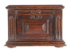 A 16th century walnut table-box, French, circa 1550-1600 The one-piece lid with moulded edges, all