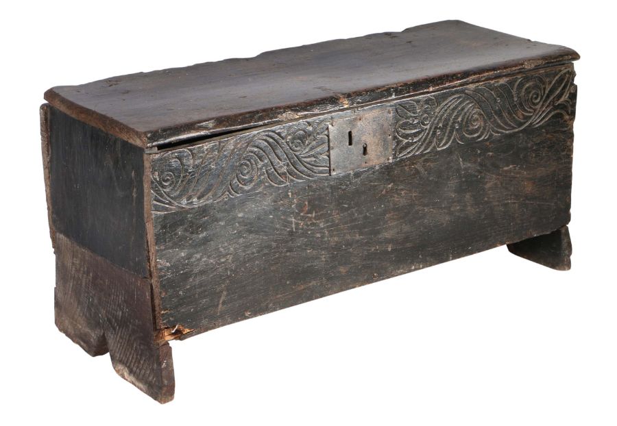 A Charles I  elm boarded chest, West Country, probably Devon, circa 1630 and later Having a single - Image 2 of 4