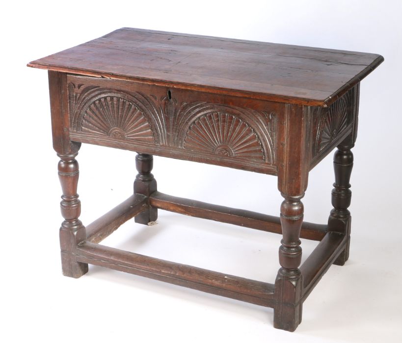An Elizabeth I oak box-top table, circa 1600 Having a boarded hinged top with ovolo-moulded edge, - Image 4 of 4