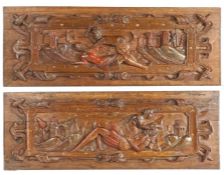 An interesting and large pair of late 16th century oak and polychrome-decorated panels, circa 1580