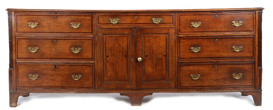 A George III oak and inlaid fully-enclosed dresser base, Cheshire, circa 1770 Having a two-plank and - Image 2 of 2