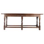 A late 17th century oak six-leg refectory-type table, English, circa 1700 Having a one-piece fully-