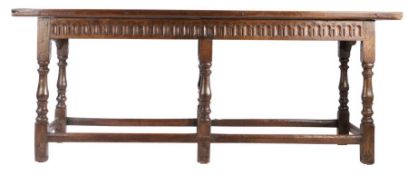 A late 17th century oak six-leg refectory-type table, English, circa 1700 Having a one-piece fully-