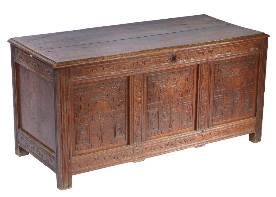 A Charles II oak coffer, circa 1670, Devon Having a boarded lid, the front of three panels, each - Image 2 of 4