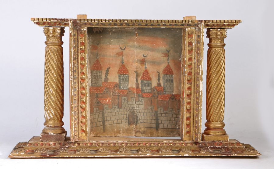 17th Century naïve oil on board depicting a fortified wall and four towers, housed in a - Image 4 of 6