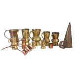 Seven late 19th -early 20th century brass thistle-shape measures, Scottish Two pint, two half-