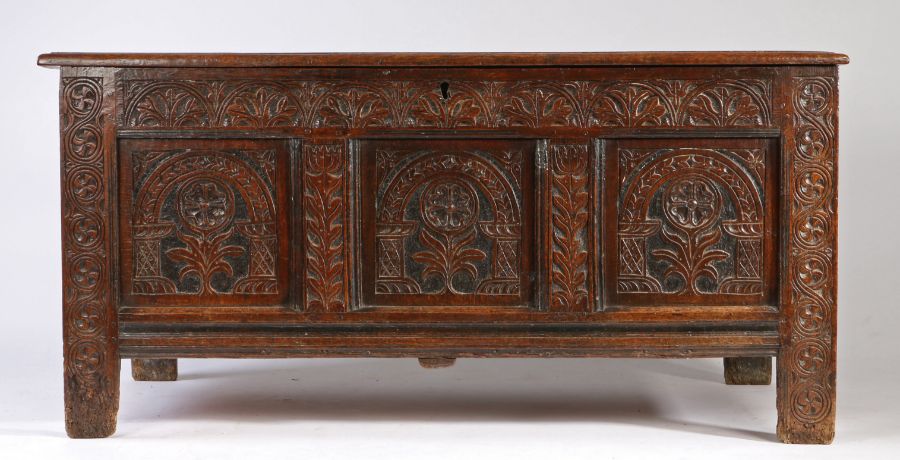 A Charles II oak and black-stained coffer, Devon,  circa 1660 Having a quadruple-panelled lid, the - Image 3 of 4