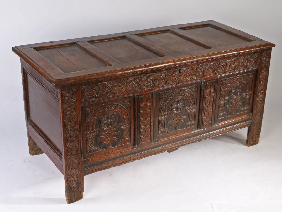 A Charles II oak and black-stained coffer, Devon,  circa 1660 Having a quadruple-panelled lid, the - Image 4 of 4