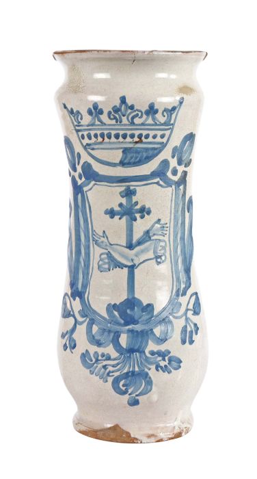 Late 18th/early 19th Century Spanish Albarello, Talavera, in white and blue glaze, a crown above a