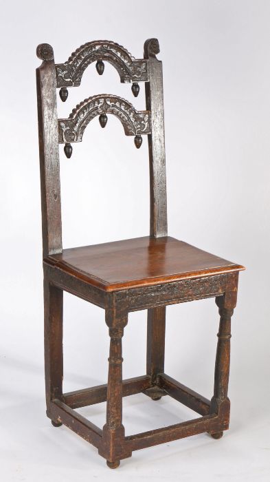 An unusual Charles II oak backstool, circa 1665 The back of two arch-shaped narrow splats, carved - Image 3 of 4
