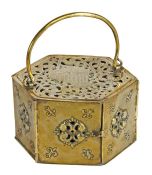 A good 18th century sheet brass foot warmer, Dutch Of octagonal form, with pierced, engraved and