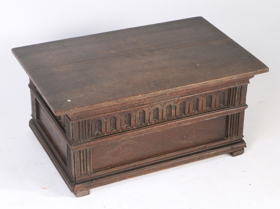 A rare Elizabeth I oak table box, circa 1580 Having a double-boarded hinged lid framed by incised- - Image 4 of 4