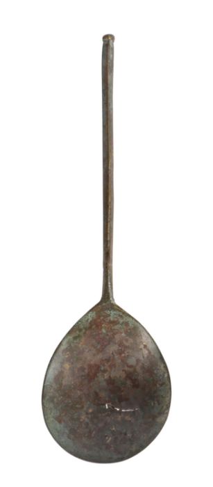 A rare 15th century latten proto-acorn knop spoon, English, circa 1400-50 Having a diamond-shaped