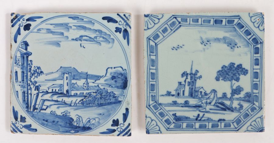 Two mid -to late 18th century Delft tiles, English, circa 1750-80 One decorated with a church in