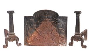 A cast iron fireback Designed with Charles I coat of arms, cipher 'CR' and dated 1635, 66cm wide,
