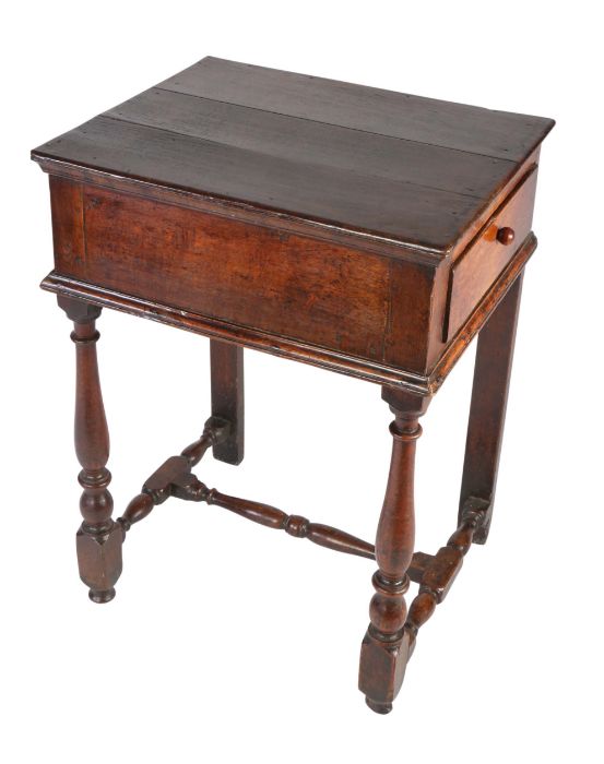 An unusual William & Mary oak side table, circa 1700 Tall, having a boarded top with linear - Image 3 of 6