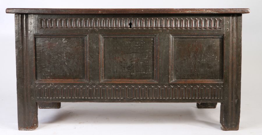 An Elizabeth I joined and clamped oak coffer, North Country, circa 1580 The boarded top with - Image 2 of 2