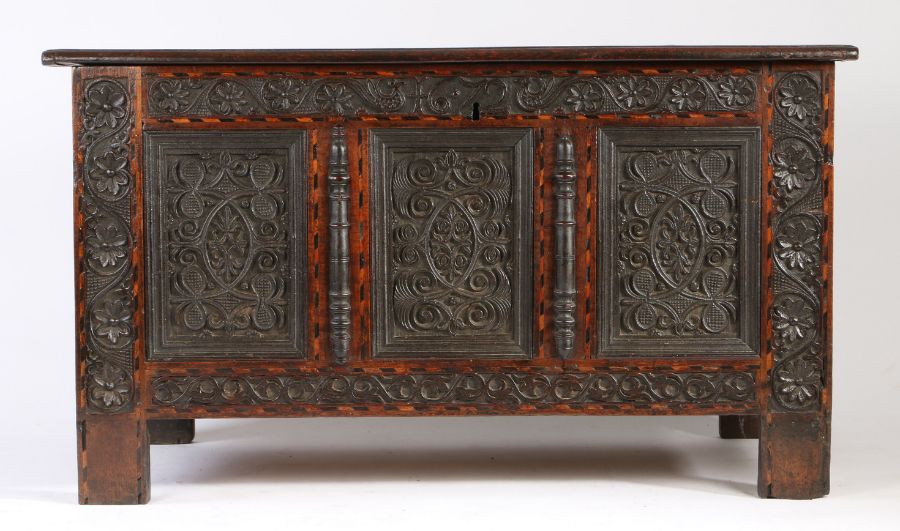 A Charles II oak and inlaid coffer South-West Yorkshire/East Lancashire, dated 1672 The triple - Image 3 of 4