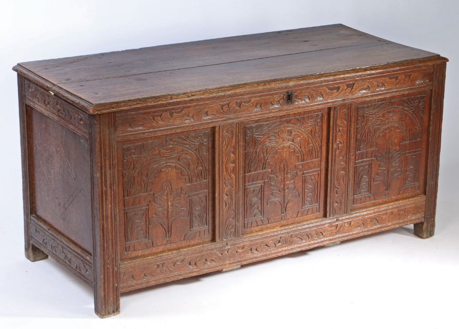 A Charles II oak coffer, circa 1670, Devon Having a boarded lid, the front of three panels, each - Image 4 of 4