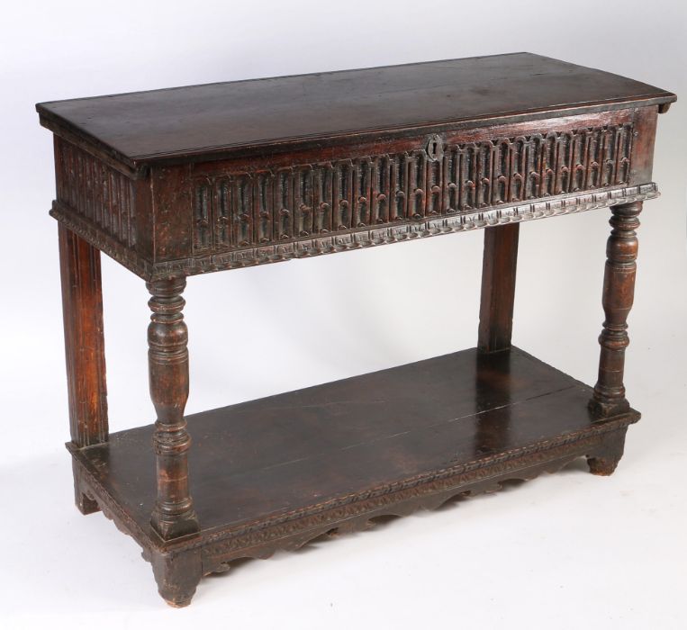 A rare Elizabeth I joined oak box-top side table/court cupboard, circa 1590 The hinged top of two - Image 5 of 5