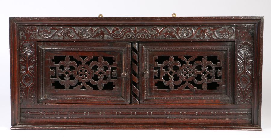 A striking Commonwealth oak mural cupboard, North Country, dated 1651 The top and sides with - Image 2 of 2