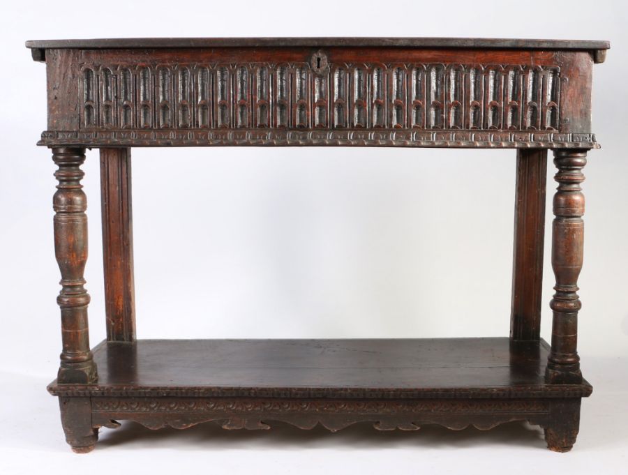 A rare Elizabeth I joined oak box-top side table/court cupboard, circa 1590 The hinged top of two - Image 4 of 5