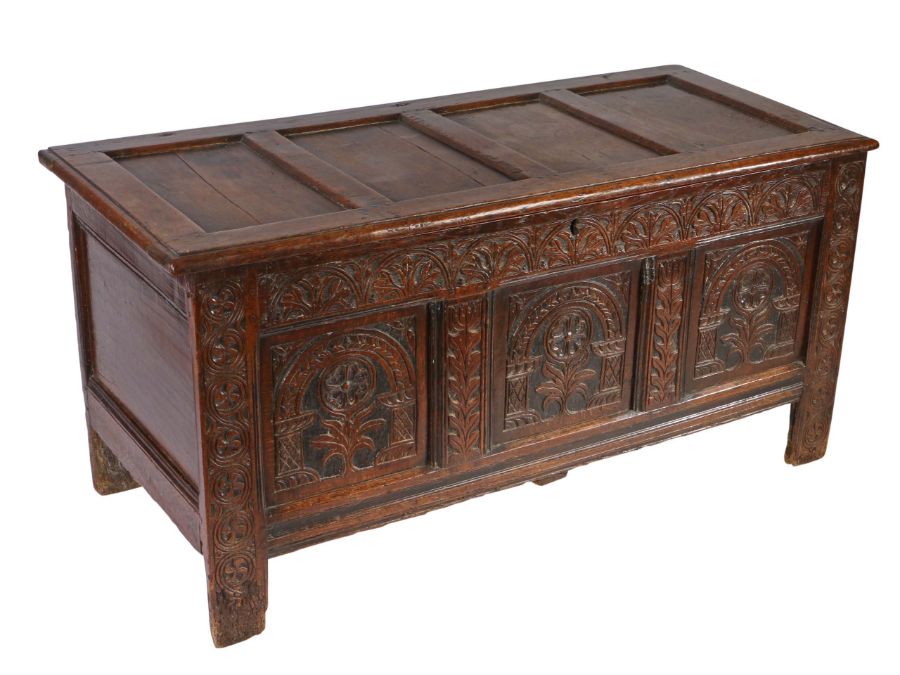 A Charles II oak and black-stained coffer, Devon,  circa 1660 Having a quadruple-panelled lid, the - Image 2 of 4