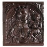 An impressive early 16th century carved oak Virgin and Child panel, circa 1500-20 The crowned Virgin