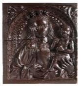 An impressive early 16th century carved oak Virgin and Child panel, circa 1500-20 The crowned Virgin