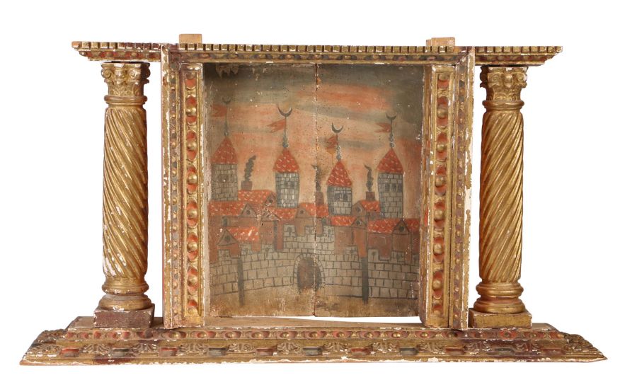 17th Century naïve oil on board depicting a fortified wall and four towers, housed in a - Image 2 of 6