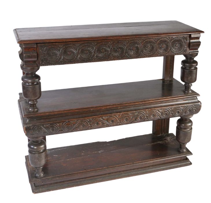 A small Charles I oak three-tier buffet or court cupboard, West Country, circa 1630 The top of two - Image 2 of 5