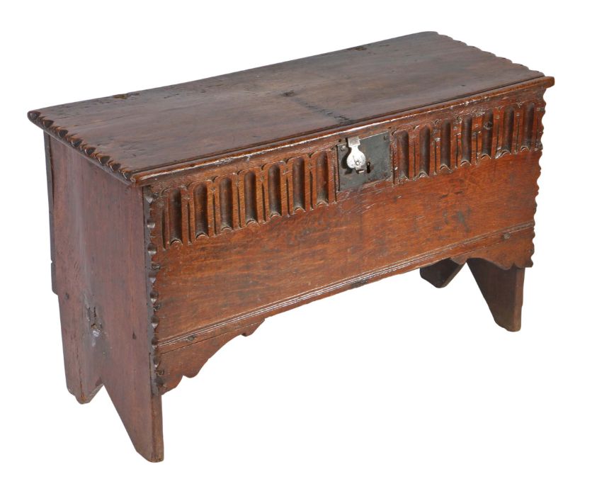 A small Elizabeth I boarded oak coffer, West Country, circa 1600 The top with moulded front edge and - Image 2 of 4