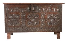 An unusual Charles I boarded chest, West Country, circa 1630 Having a twin-boarded top with