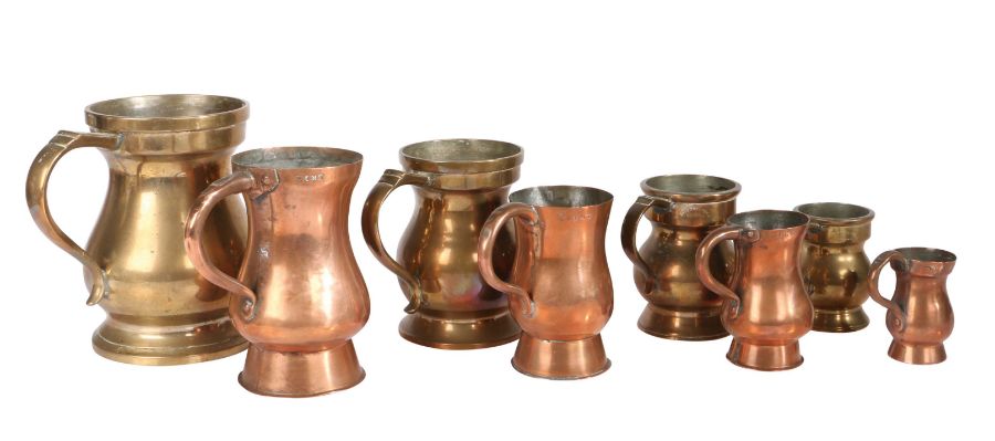 Four late 19th - early 20th century copper measures, Scottish Of baluster form, to include a pint,