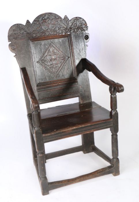 A rare Charles II joined oak 'Durham' panel-back open armchair, circa 1670.  See Lot 81, a court - Image 5 of 5