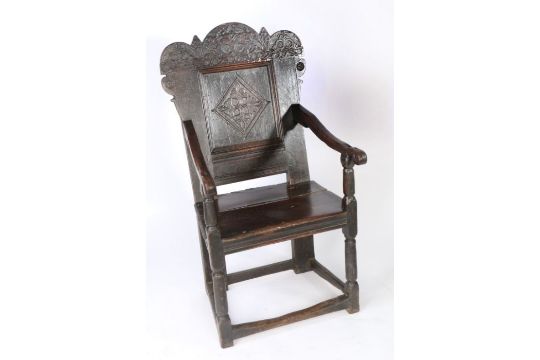 A rare Charles II joined oak 'Durham' panel-back open armchair, circa 1670.  See Lot 81, a court - Image 5 of 5