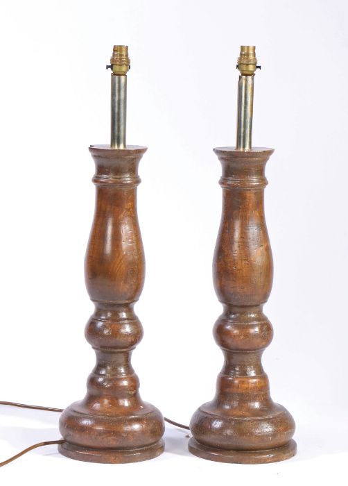 A pair of elm turned table lamps Each of balustroid design, with deep circular base, 66cm high, ( - Image 2 of 2