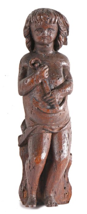 A late 16th/early 17th century carved oak figure of Hope Designed standing, holding an anchor, - Image 2 of 2