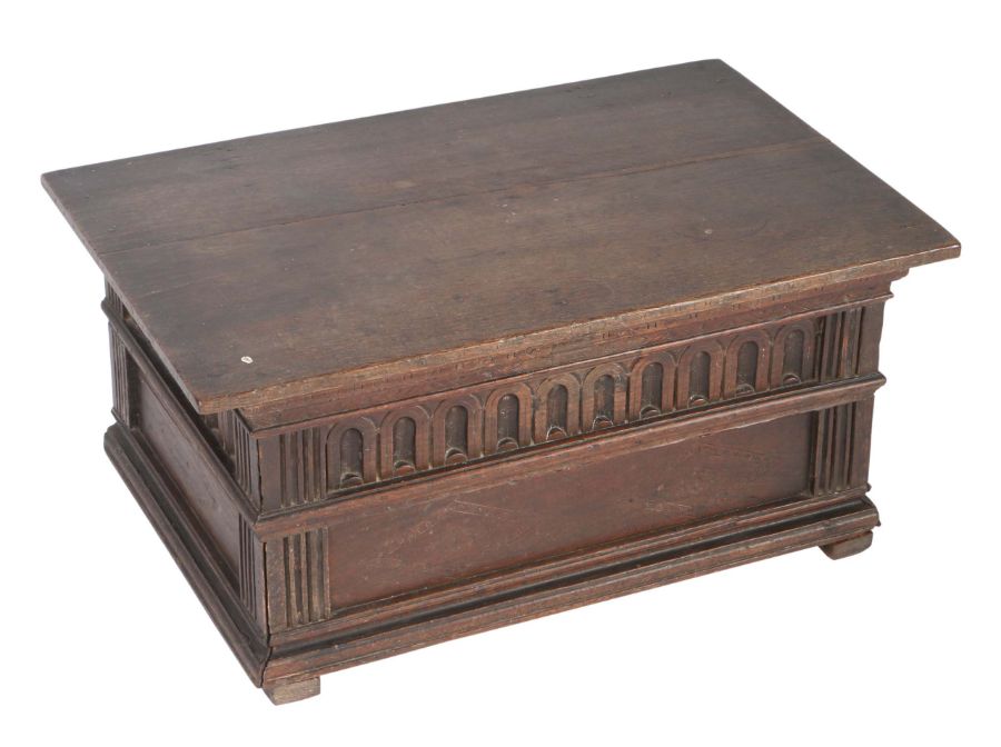 A rare Elizabeth I oak table box, circa 1580 Having a double-boarded hinged lid framed by incised- - Image 2 of 4
