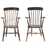 Two late 19th century beech, oak and alder Kitchen Windsor armchairs, circa 1850-80 Each with a high