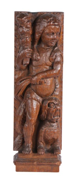 An interesting early 17th century oak figural carving, English, circa 1600-40 Designed with a Wild