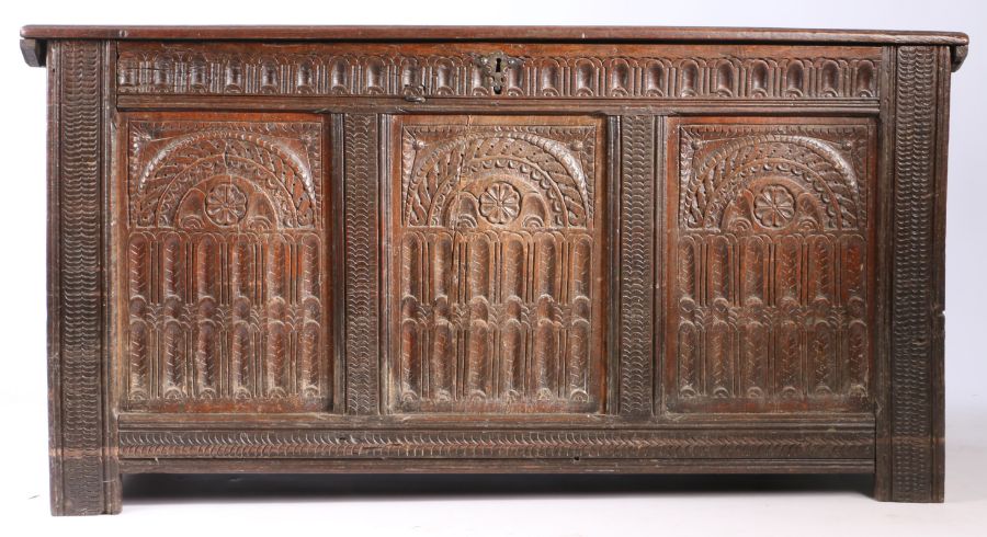 An unusual Elizabeth I joined oak coffer, circa 1580 Having a boarded top, the front with three - Image 3 of 3
