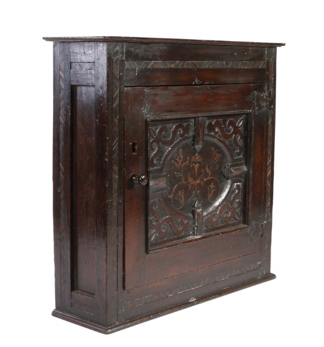 A Charles II oak and inlaid mural cupboard, Yorkshire/Lancashire, circa 1675 Having a rectangular - Image 2 of 4