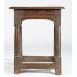 An Elizabeth I/James I oak joint stool, circa 1600-20 Having a double-reeded top, the broad run-