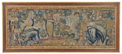 A panel of late 16th century tapestry, framed Designed with Renaissance motifs and figures,