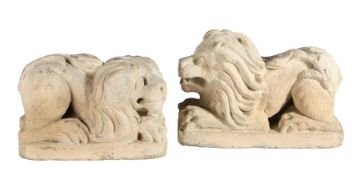 An interesting pair of late 16th century limestone carved recumbent lions, circa 1600 Each with open